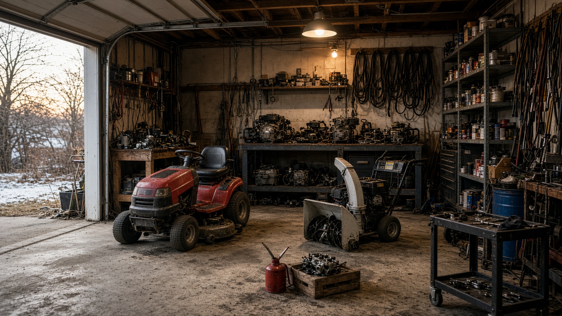 The shop floor at S & M Small Engine Repair — engines, mowers, and tools under work lights.